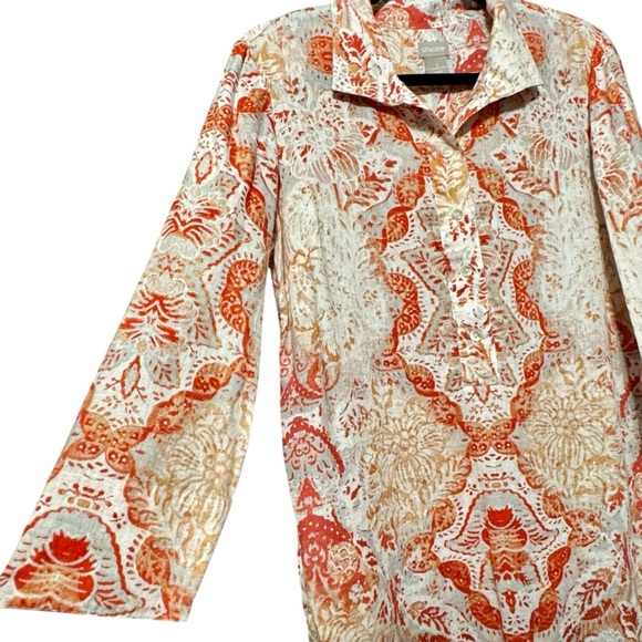 Chico’s 100% Linen Button Down Front Split 3/4 Sleeve Collared Orange Print Top - Picture 6 of 15